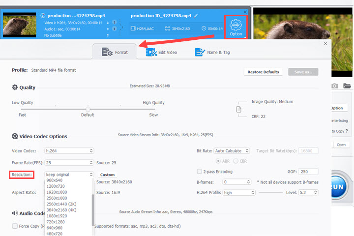 Change video codec options