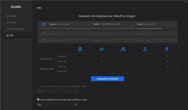 Hardware Detection in VideoProc Vlogger