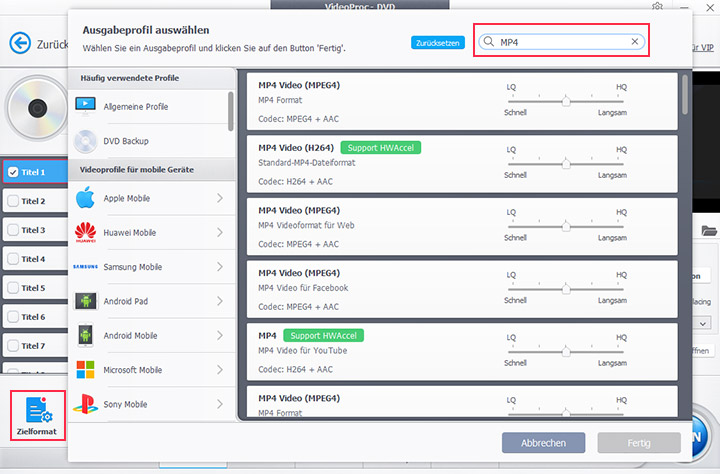 Wählen Sie MP4 als Ausgabeformat