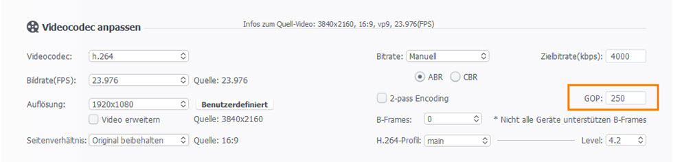 GoPro 4K Video verkleinern durch Anpassen des GOP-Wertes