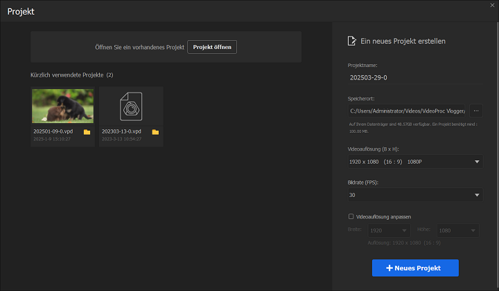 neues Projekt in VideoProc Vlogger erstellen