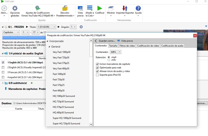 Convertir DVD a MP4 gratis en VidCoder
