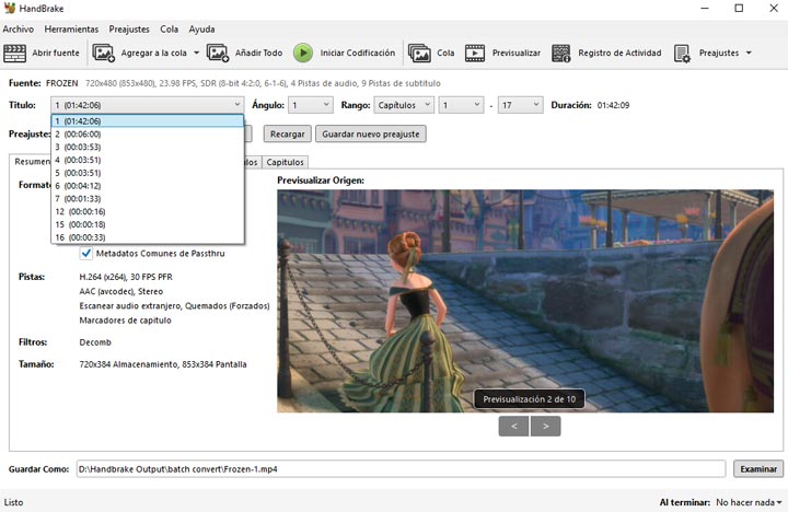Elija títulos de DVD en HandBrake