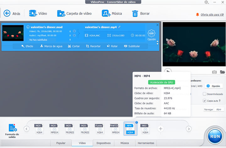 Cómo convertir MOD a MP4 con VideoProc - Paso 2