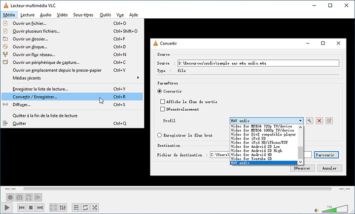 Convertir M4A en WAV avec VLC
