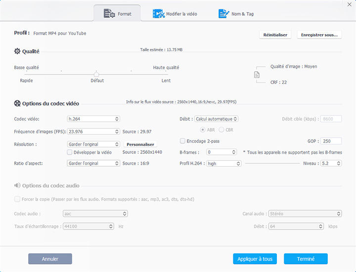 Personnalisez les paramètres du format MP4