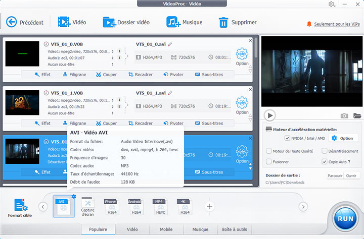 Convertir VOB en AVI dans VideoProc Converter AI
