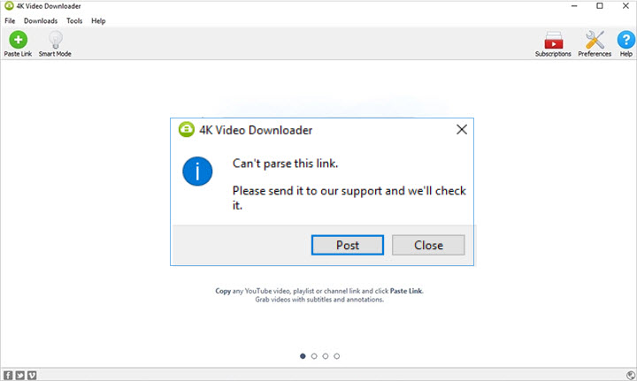 4k video downloader paste link not working