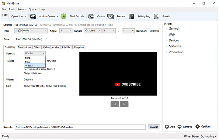 handbrake webm