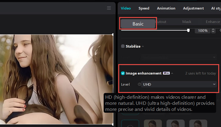 CapCut Video Enhancement Desktop UI