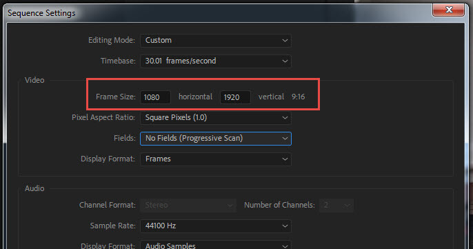 change resolution of sequence preset adobe premiere