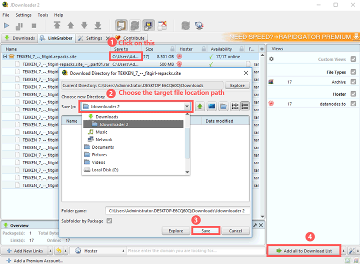 Choose output folder in JDownloader 2