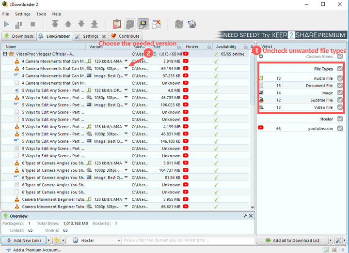 Choose video types in JDownloader 2