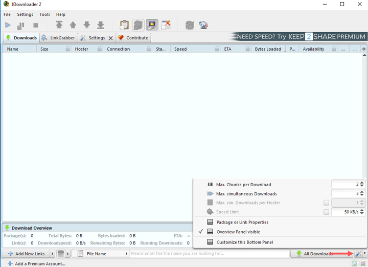 Control speed and download bitrate in JDownloader 2