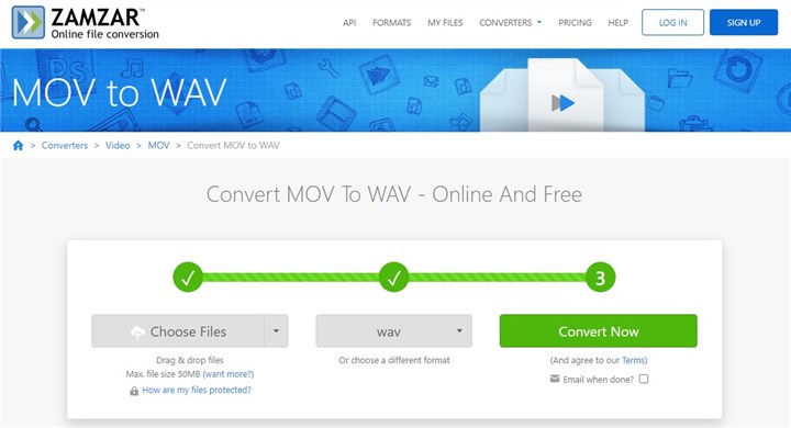 Convert MOV to WAV with Zamzar