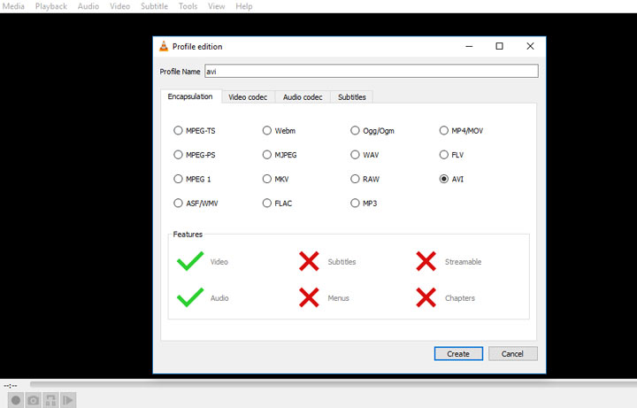 Create AVI Output Profile in VLC