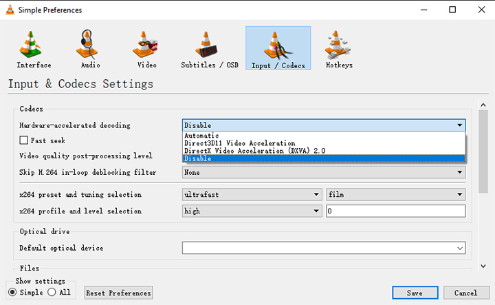 Отключить hardware accelerated decoding в vlc