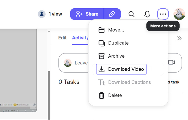 Loom download option in dropdown menu
