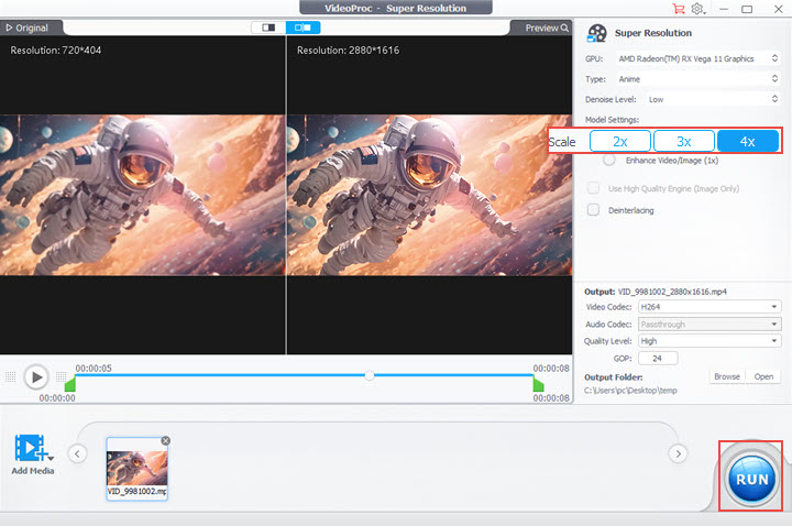 Upscale AI-generated videos in VideoProc Converter AI