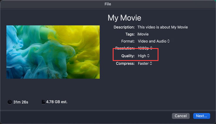 imovie export mp4 very large