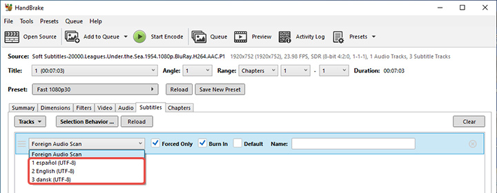 HandBrake subtitle language settings
