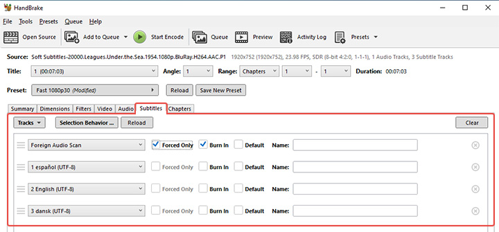 HandBrake Subtitles Tab