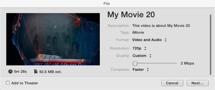 how to export imovie 10.0.8 file at 30 fps