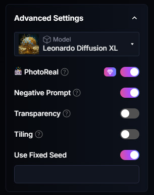 Use Leonardo AI - Toggle Advanced Settings