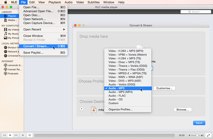 convert m4a to mp3 mac vlc