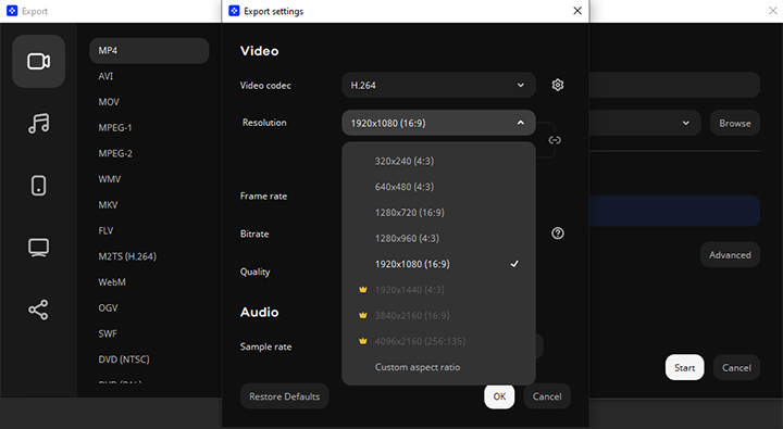 Movavi Review - Exporting settings
