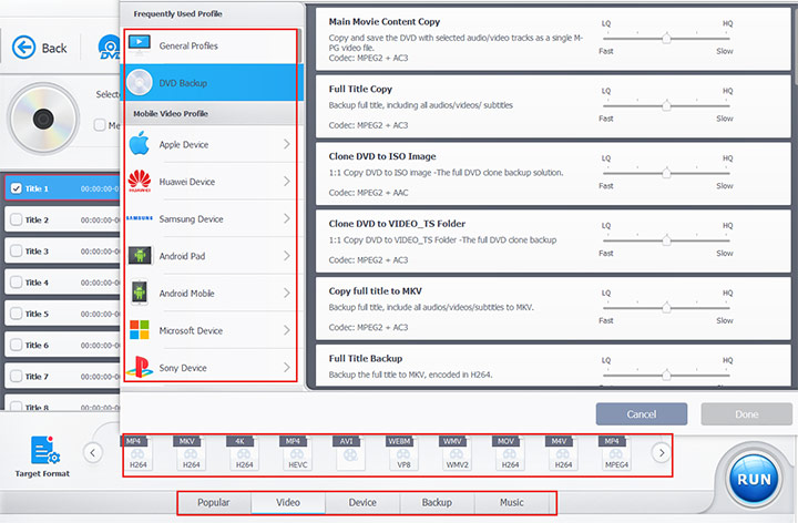 Escolha um formato para a cópia digital de DVD no Videoproc conversor