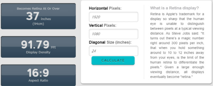 Pixel density and viewing distance calculator