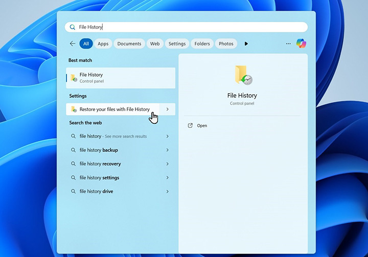 recover deleted videos with file history-step2