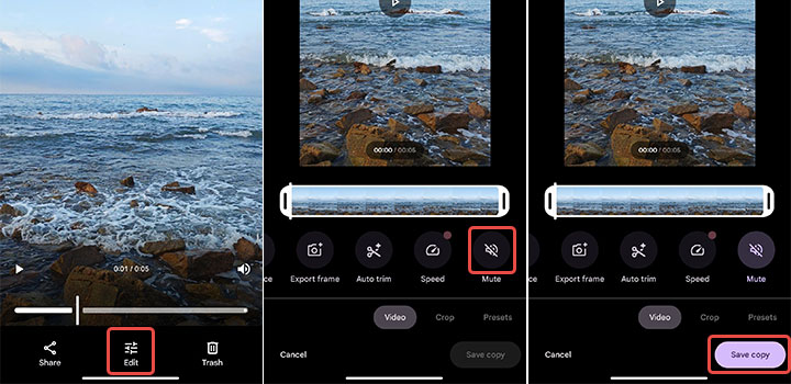 Remove Audio from Video - Android Google Photos