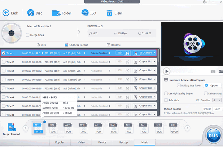 videoproc specify dvd audio track