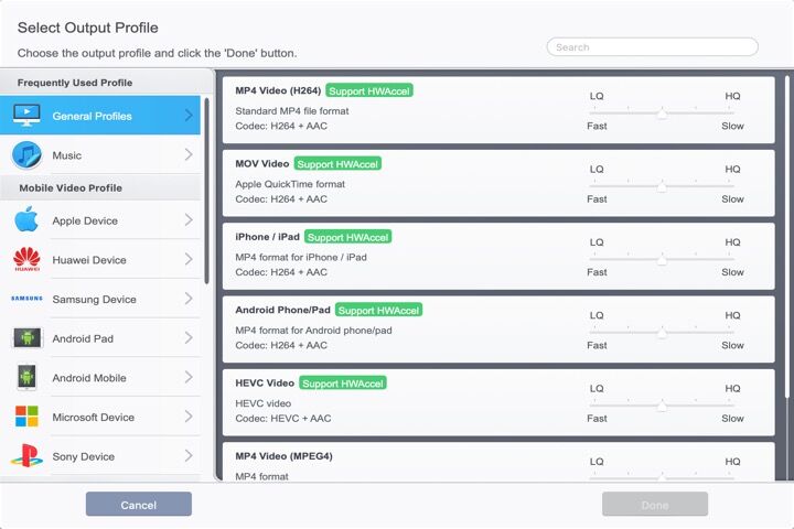 Select the output profiles