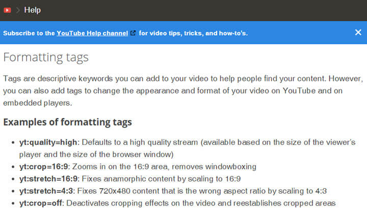 youtube upload defaults tags format