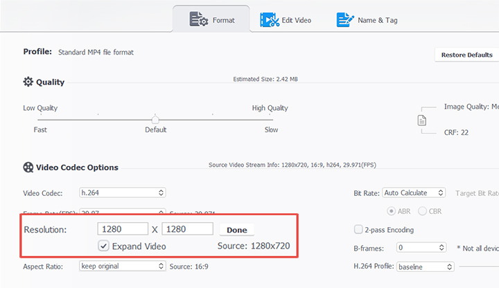 Change aspect ratio by changing video resolution