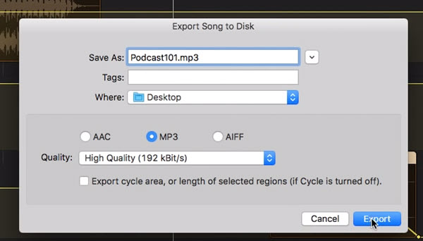 Save Garageband files as MP3 when exporting