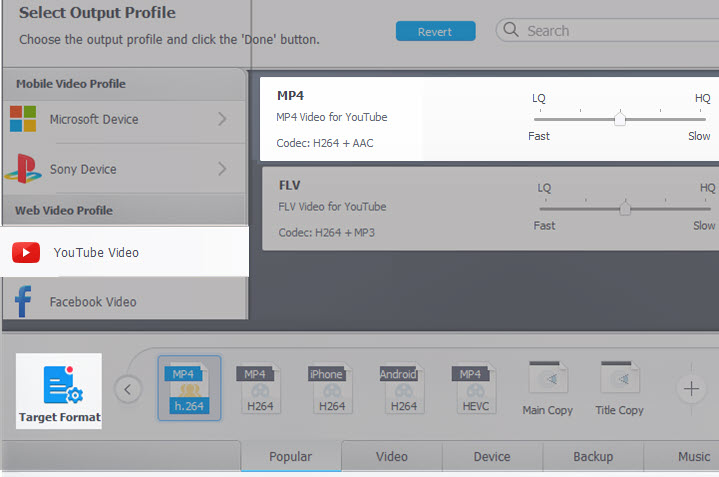 Choose output profiles for YouTube