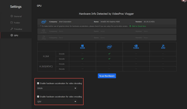 hardware info detected by videoproc