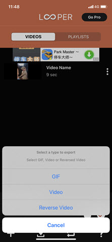 Export looping video to iPhone camera roll