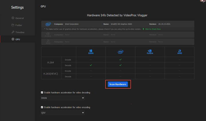 VideoProc Vlogger Scan Hardware
